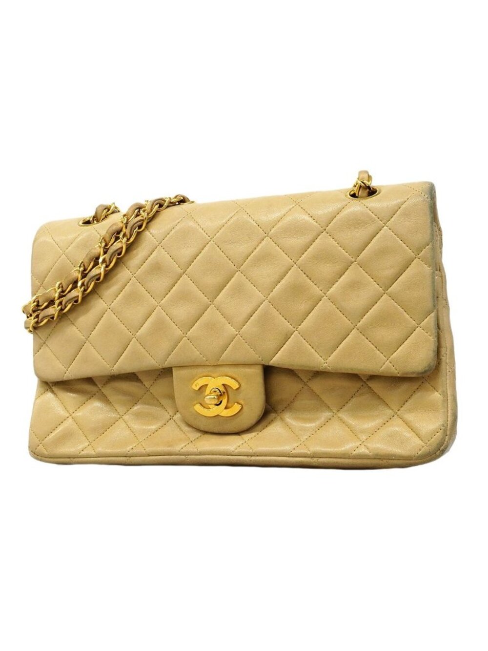 Chanel Shoulder Bag Quilted Lambskin Beige Gold